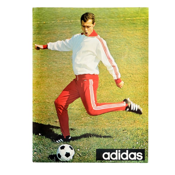 Vintage Adidas White & Red Jumpsuit Cleats Ad Poster, Printed in West Germany