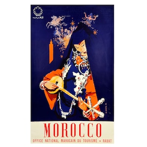 Vintage 1960 MARRUECOS Jean Gaston Mantel Oficina del Artista Nacional Marocain Du Tourisme Rabat Hermoso Cartel de Turismo