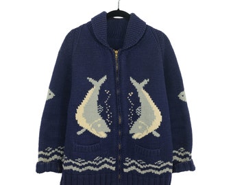 Vintage Handmade Cowichan Classic Fish Whale Design Shawl Collar Wool Knit Zip Up Cardigan Sweater