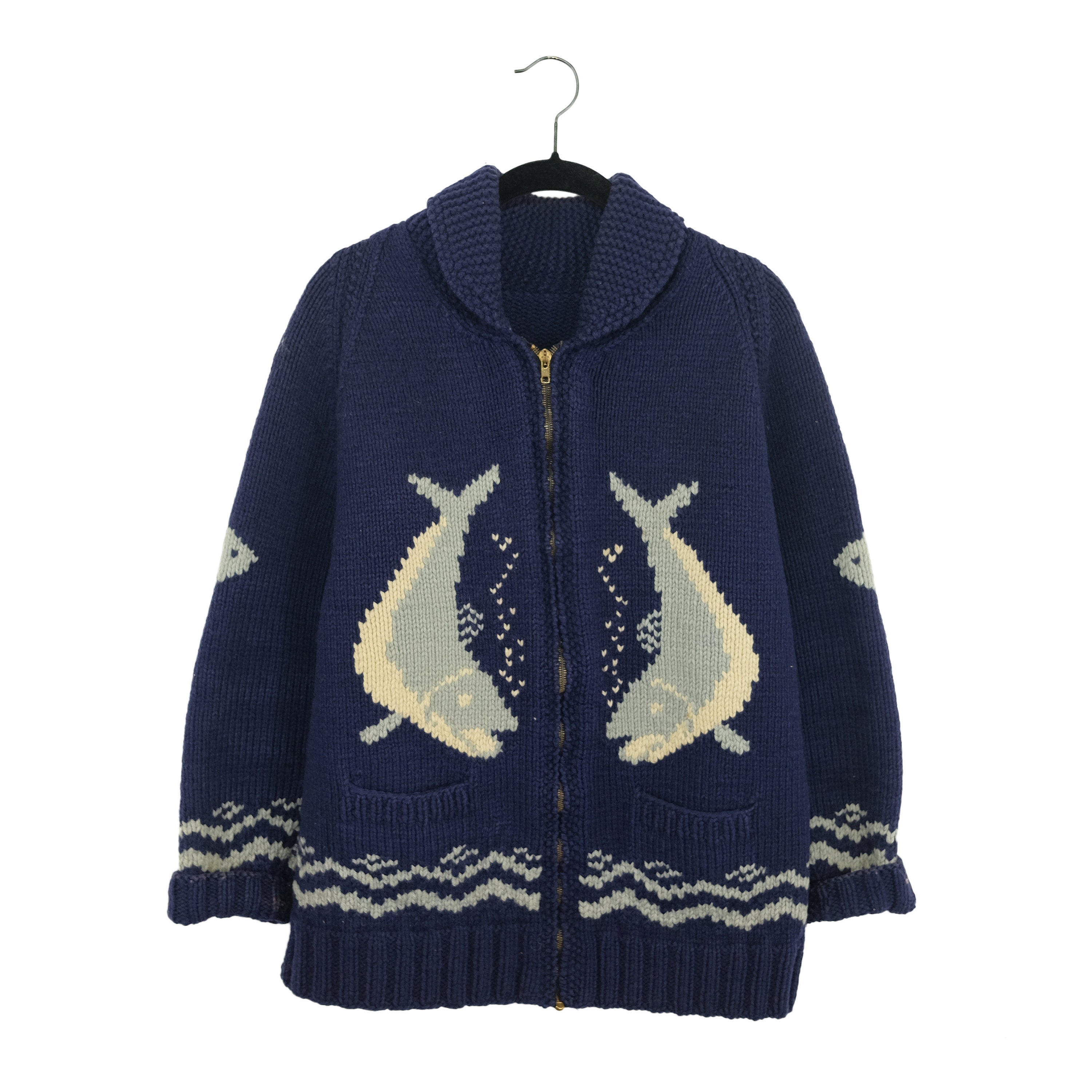 Vintage Handmade Cowichan Classic Fish Whale Design Shawl Collar