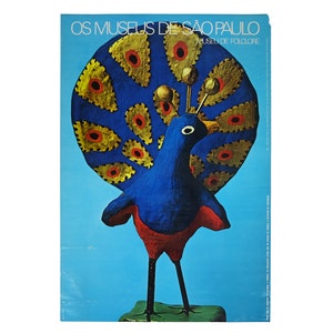 Vintage 1971 Os Museus De São Paulo Museu De Folclore Peacock Folk Art Brazil Poster