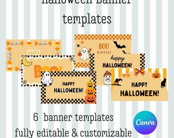 Puede incluir: Se muestran seis plantillas de banners de Halloween con diseños variados. Cada banner presenta acentos en naranja y negro, con gráficos temáticos de Halloween como fantasmas, calabazas y murciélagos. El texto incluye "Happy Halloween!" y "Boo". Las plantillas son editables.