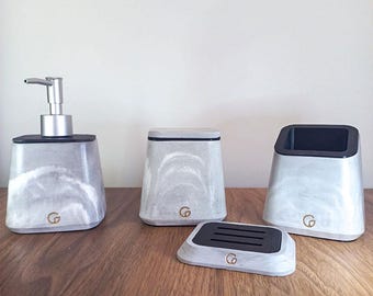 Handcrafted Marble Effect Concrete Bathroom Set: Bioplastic Liners, 4-Piece