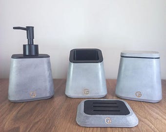 Gray Concrete Bathroom Accessory Set: Minimalist Cement Vanity Decor