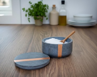 Handmade Concrete Storage Jar with Lid | Gold & Copper Foil Decor