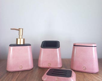 Blush Pink Concrete Bathroom Set: Modern Cement Accessories with Bioplastic