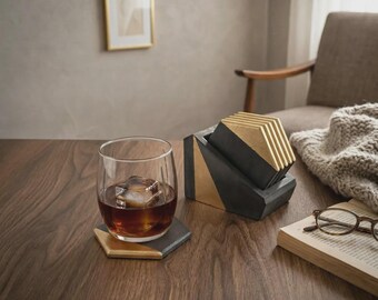Hexagon Concrete Coaster Set – Cooper Leaf Accent, Modern Industrial Decor