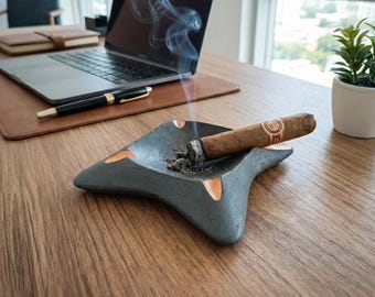 Modern Concrete Ashtray with Gold or Copper Leaf Accents - Square Star Design Cigar Rest