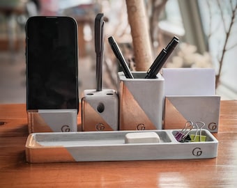 Gold Leaf Concrete Desk Organizer, Gilded Cement Office Set, Pen Holder & Phone Stand
