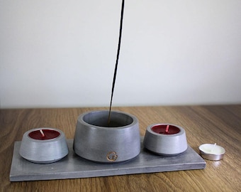 Modern Concrete Candle Holder Set: Handmade Incense Tray & Base