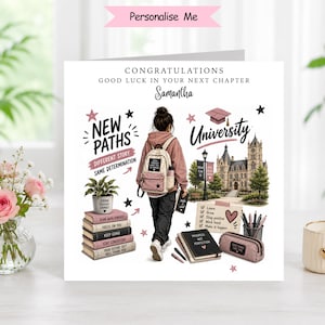 May include: A square greeting card featuring the text CONGRATULATIONS, GOOD LUCK IN YOUR NEXT CHAPTER, and Samantha. The design includes a person with a backpack, a stack of books, a potted plant, a university building, and school supplies.