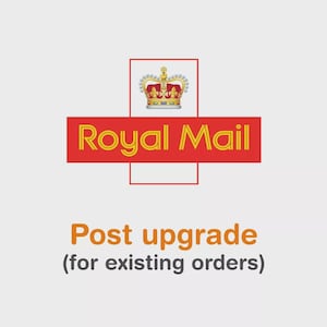 Könnte beinhalten: Eine Grafik mit dem Royal Mail-Logo, bestehend aus einem roten rechteckigen Balken mit dem gelben Schriftzug Royal Mail und einem Kronensymbol darüber. Unter dem Logo stehen der orangefarbene Text Post upgrade und der graue Text (for existing orders).