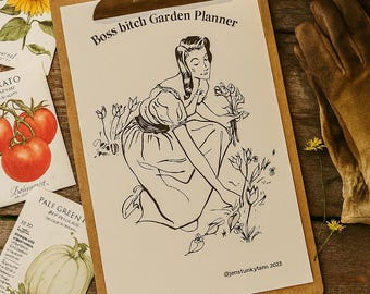 May include: A clipboard with a "Boss bitch Garden Planner" print featuring a woman gardening, surrounded by seed packets and a coffee mug. The image has a vintage aesthetic, with a wooden background and gardening gloves.