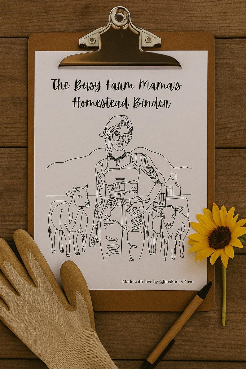 May include: A clipboard with a drawing of a woman with calves and the text "The Busy Farm Mama's Homestead Binder." A yellow sunflower, a pen, and a work glove are also present.