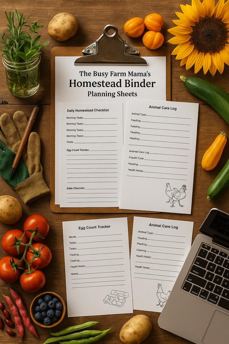 May include: A clipboard with planning sheets titled "The Busy Farm Mama's Homestead Binder" sits on a wooden surface, surrounded by fresh produce, gardening gloves, and a laptop. The image includes tomatoes, zucchini, and a sunflower.