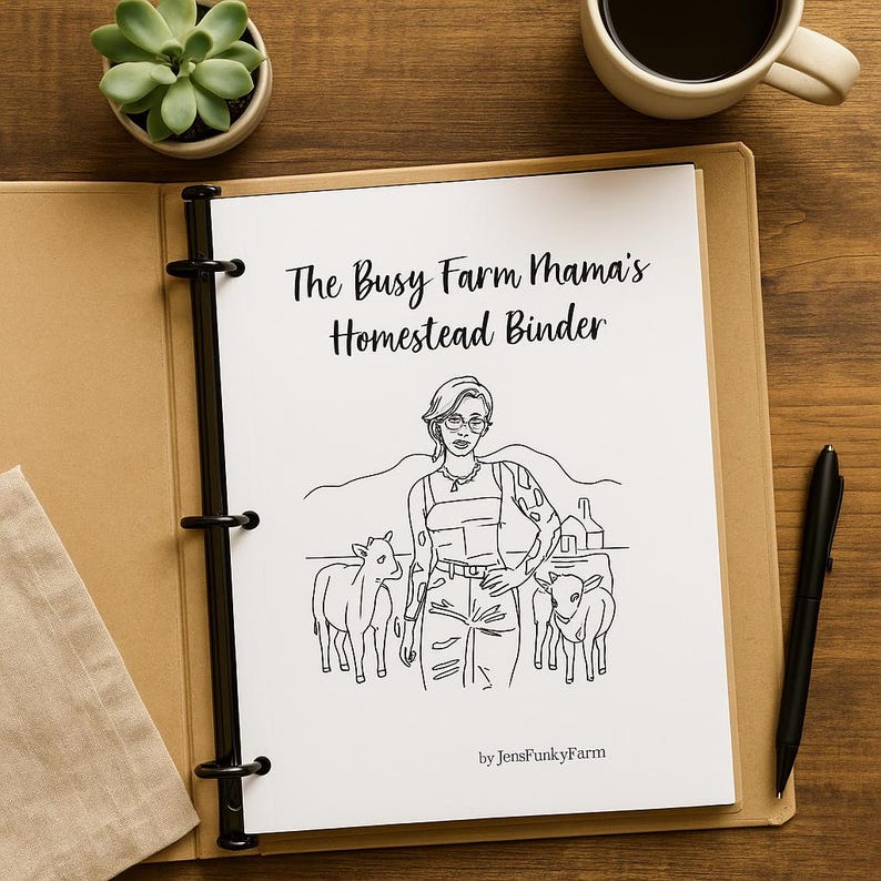 May include: A tan binder with black rings, open to a page with the text "The Busy Farm Mama's Homestead Binder." The page features a black and white illustration of a woman with two calves. A pen and a cup of coffee are on the wooden surface.