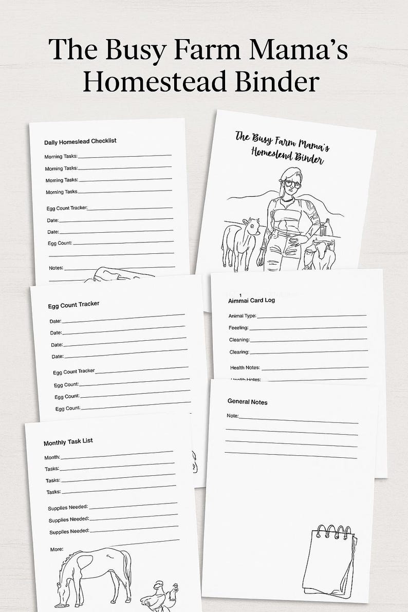 May include: A collection of printable homestead binder pages with the title "The Busy Farm Mama's Homestead Binder". The pages include checklists, trackers, and logs for daily and monthly tasks, egg counts, and animal care. The pages are black and white.