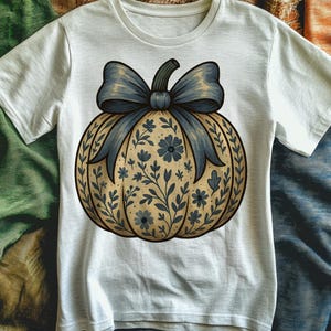 Floral Pumpkin PNG | Blue Bow Pumpkin PNG | Vintage Fall Pumpkin Sublimation Design | Coquette Autumn Pumpkin Clipart for Shirts | Halloween
