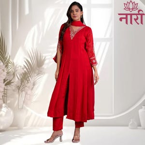 Indian Red Kurti Dress for Women | Anarkali Gown Salwar Suit Kurta Set | Ethnic Wear for Wedding Festive Party | Desi Outfit for Girls