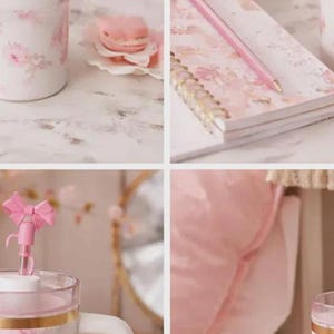 May include: A collection of pink floral-themed items. Includes a tumbler, a notebook with a pen, and a pink bow-topped straw. The tumbler has a white handle and gold accents. A pink macaron sits on a small plate.