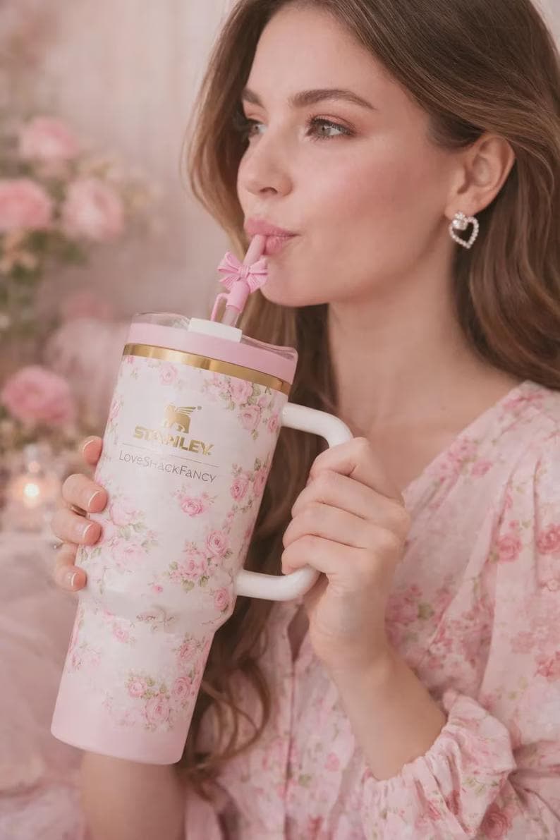 LoveShackFancy Pink Floral Stanley 40oz Quencher Tumbler – Limited Edition Travel Mug image 6