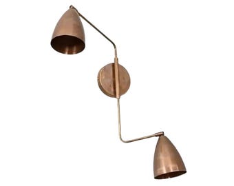 Dual Shade Brass Wall Sconce – Vintage Curved Arm Bedside Lamp