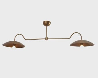 Handmade Brass Linear Chandelier | Mid Century Modern Double Shade Italian Pendant For Dining Room