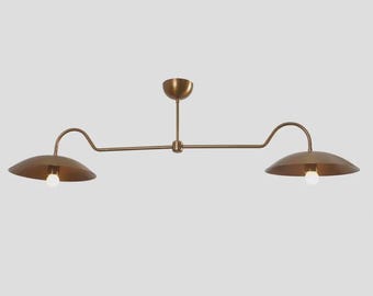 Mid Century Modern Brass Chandelier with Disc Shades | 2 Light Linear Ceiling Fixture | Vintage Style Designer Lighting