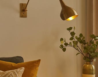 Mid Century Brass Wall Sconce, Articulating Swing Arm Wall Lamp, Hardwired Reading Light, Plug-In Option, Bedroom Bedside Light