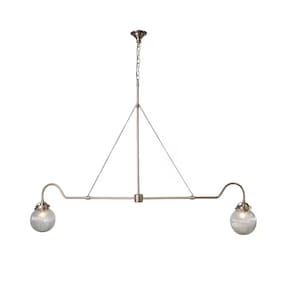 Peut inclure: Un luminaire suspendu à deux lumières de couleur bronze. Le luminaire a un support central avec une chaîne pour la suspension, et deux bras incurvés chacun tenant un abat-jour en verre nervuré en forme de globe. La lumière est conçue pour une utilisation en intérieur.