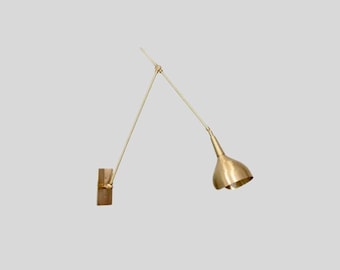 Brass Swing Arm Wall Sconce Adjustable Long Arm Cone Shade Light Mid Century Modern Handmade Reading Lamp Bedroom Hallway Décor