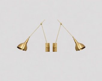 Pair of Brass Swing Arm Wall Sconces Long Adjustable Cone Shade Light Mid Century Modern Handmade Bedroom Hallway Reading Décor