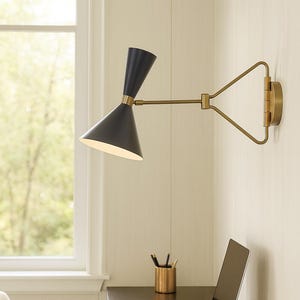 Stilnovo Swing Arm Wall Lamp – Mid Century Brass Diabolo Cone Reading Sconce