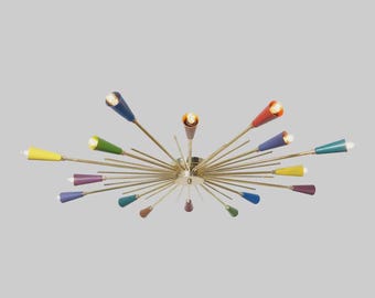 Mid Century Modern Multicolor Sputnik Chandelier, Brass Starburst Ceiling Light, Handmade Designer Statement Lighting Fixture Art Décor EU