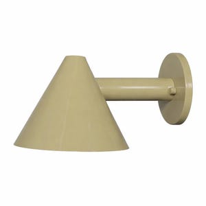 May include: A beige wall-mounted light fixture with a conical shade. The shade is connected to a cylindrical arm and a circular base. The fixture is a neutral color, suitable for various interior design styles.