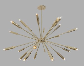 Large Mid Century Modern Sputnik Chandelier, Brass Starburst Ceiling Light, Handmade Vintage Statement Lighting, Designer Light Fixture