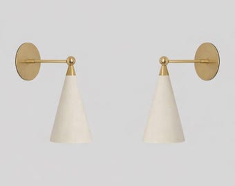 Mid Century Brass Wall Sconce Set of 2 with White Cone Shade, Italian Modern Vintage Wall Lamps for Bedroom Hallway Bedside Décor Lighting !