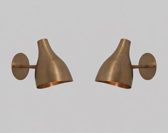 Mid Century Brass Wall Sconce Pair Sculptural Cone Shade Modern Vintage Wall Lamps Handmade Accent Lights for Bedroom Hallway