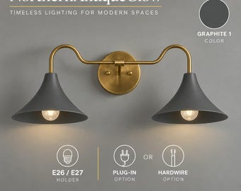 Mid Century Modern Wall Sconce, Brass Double Wall Light, Conical Shade Sconce, Vanity Lighting, Plug In Sconce, Bedroom Bathroom Lighting