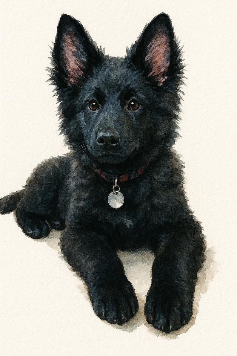 May include: Watercolor painting of a black German Shepherd puppy lying down. The puppy has dark fur, brown eyes, and a red collar with a silver tag. The background is a soft, off-white color.