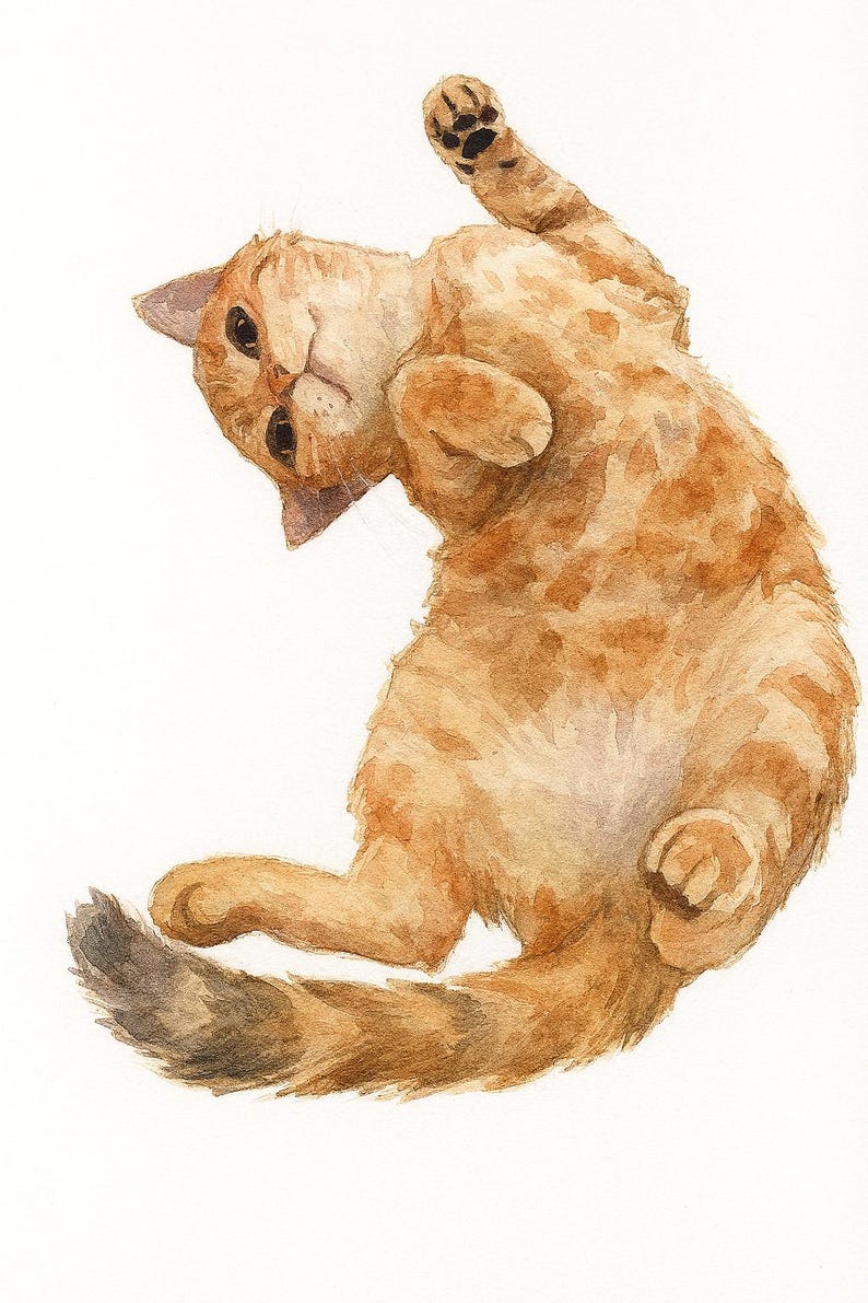 May include: Watercolor painting of a ginger cat lying on its back, looking at the viewer. The cat has a white belly, a striped tail, and a paw raised in the air. The cat's fur is a mix of orange and brown.