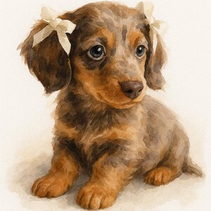 May include: Watercolor painting of a Dachshund puppy with brown and tan fur, wearing two white bows. The puppy is sitting, looking forward with big, dark eyes. The background is a soft, off-white color.