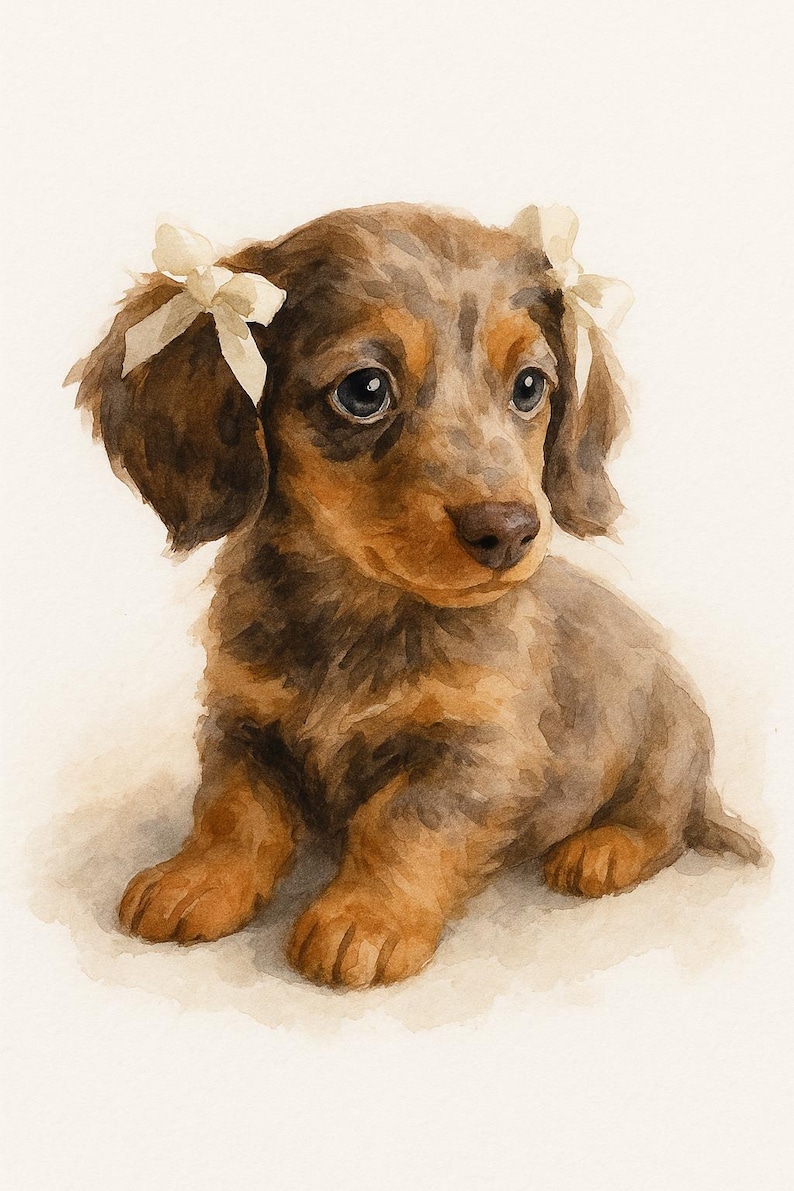 May include: Watercolor painting of a Dachshund puppy with brown and tan fur, wearing two white bows. The puppy is sitting, looking forward with big, dark eyes. The background is a soft, off-white color.