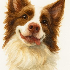 May include: Watercolor painting of a Border Collie dog with brown and white fur. The dog has a pink nose, brown eyes, and its tongue is sticking out. The dog is smiling, and the background is white.