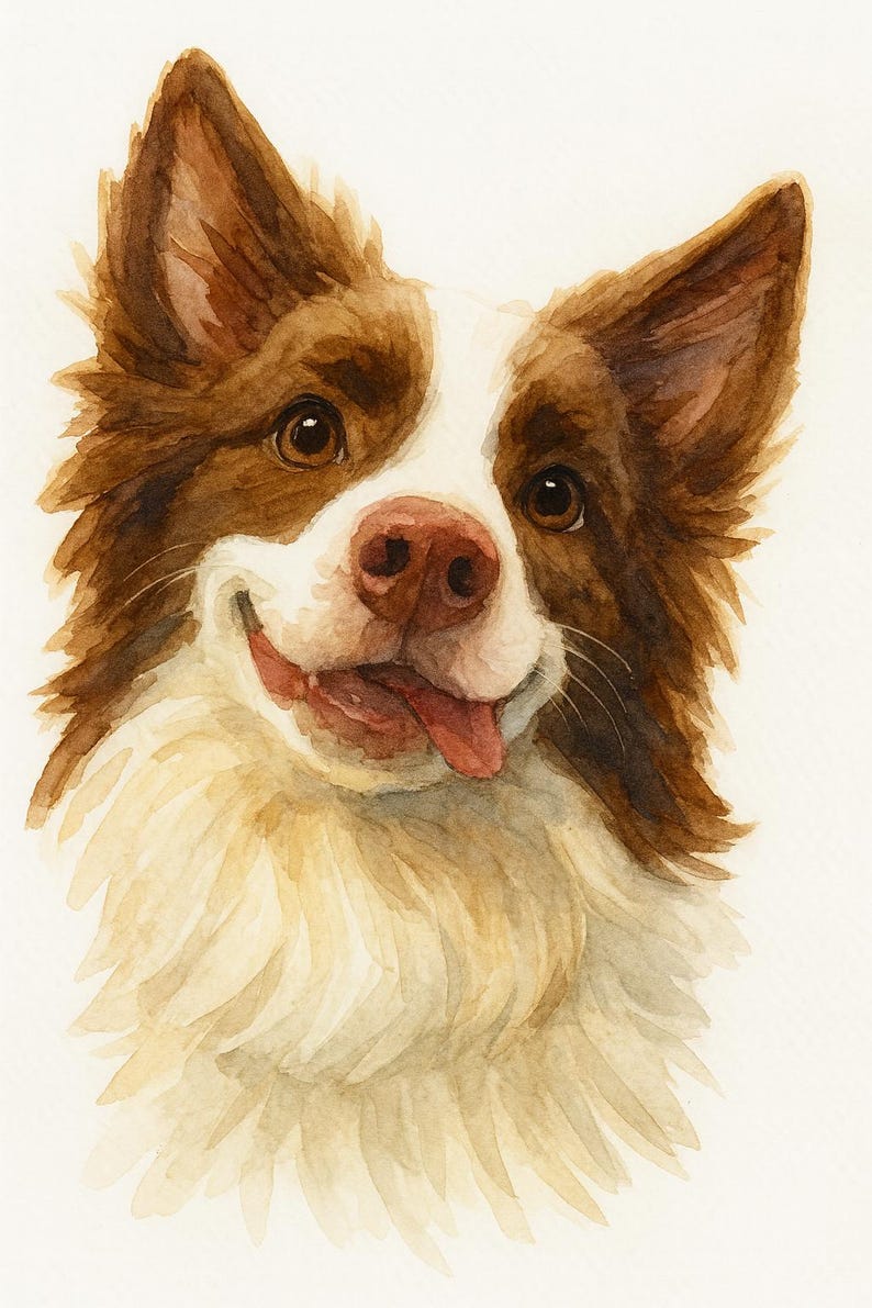 May include: Watercolor painting of a Border Collie dog with brown and white fur. The dog has a pink nose, brown eyes, and its tongue is sticking out. The dog is smiling, and the background is white.