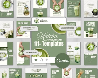 May include: A collection of green and white Matcha-themed Instagram templates. The templates include various designs for posts, stories, and business cards, with text such as "Matcha Shop", "Upcoming Desserts", and "You Are Invited!"