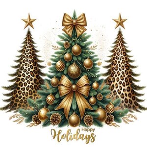 Leopard Print Christmas Tree PNG, Gold Coquette Bow Design, Holiday Clipart, Glam XMAS Sublimation