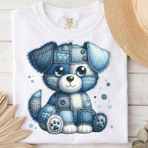 Denim Patchwork Puppy PNG, Quilted Blue Jean Dog Design, Shabby Chic Sublimation