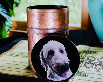 Personalized Copper Pet Urn with Photo, Hammered Memorial Keepsake