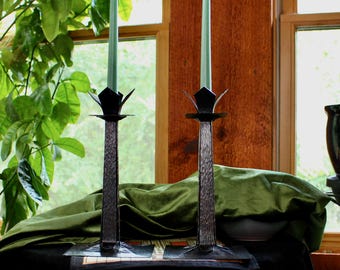 Hammered Copper Candlestick Pair: Arts & Crafts Style, Dark Bronze Patina.
